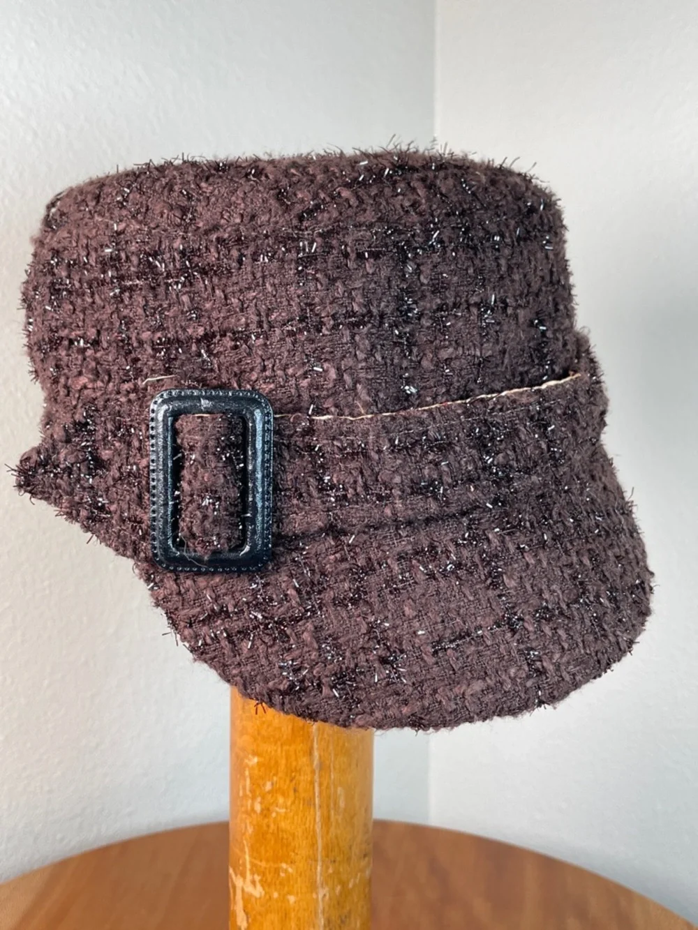 Y2K Brown Sparkly Tweed Knit Cap Hat Short Brim Floral Lined Hip Hop Streetwear